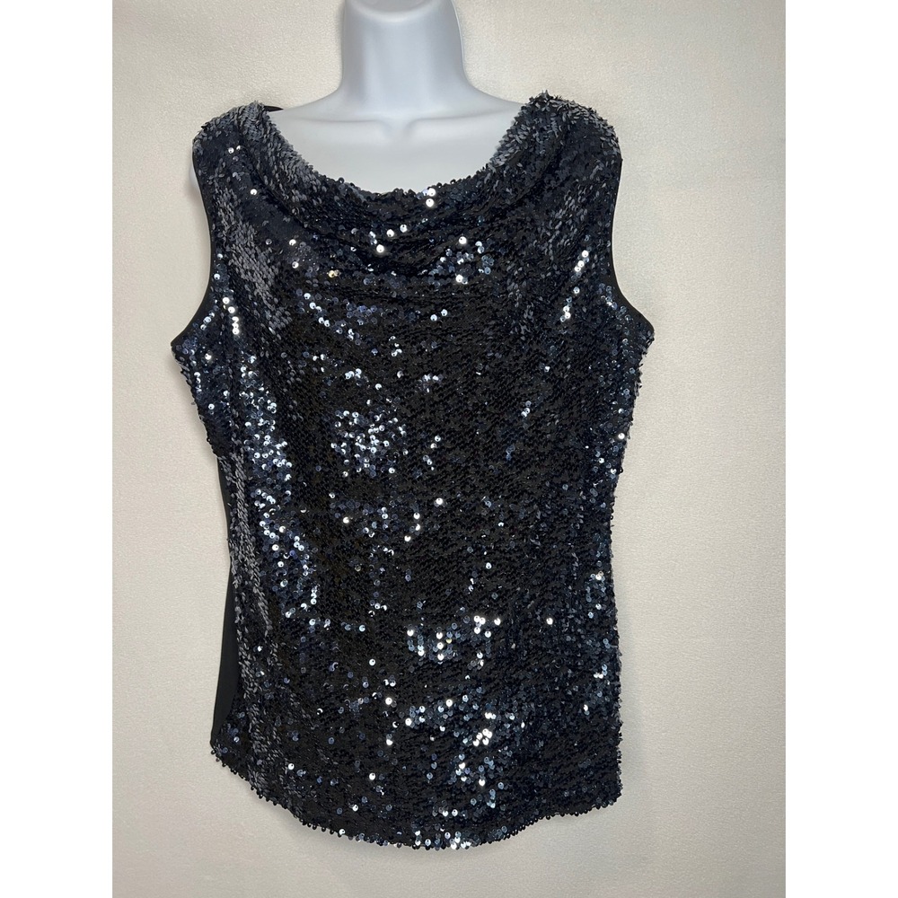 Calvin Klein Women Black Sequins‎ Cowl Neck Sleeveless Top Size M Glam Party